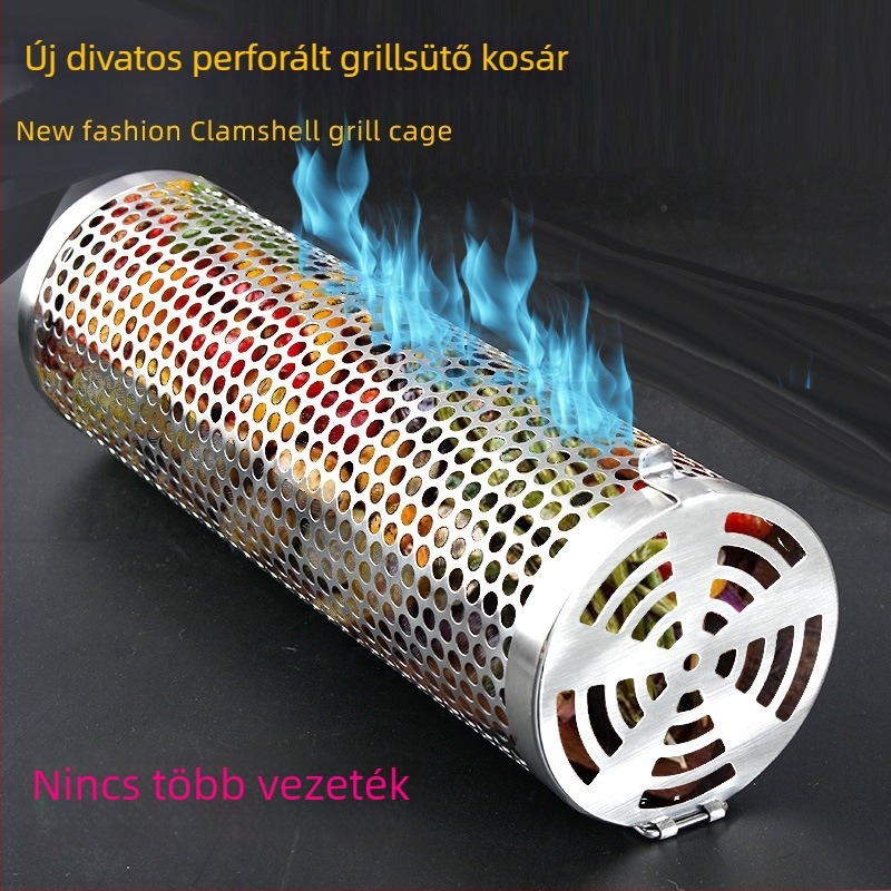 Kék kör alakú rozsdamentes acél BBQ kosár, hordozható kültéri grill