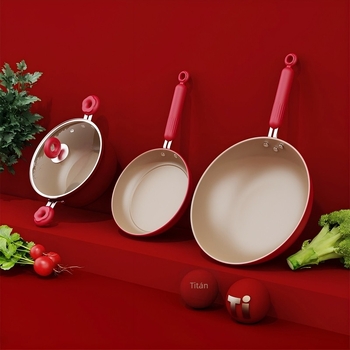 Otthoni használatra szánt háromrészes, nem tapadós bevonattal ellátott konyhai edénykészlet: wok 30 cm, leveses edény fedővel 22 cm, serpenyő 22 cm