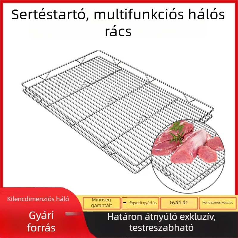 Rozsdamentes acél hálós polc, téglalap alakú, kétszintes szárítópolc sütemények és kenyér számára, grillháló