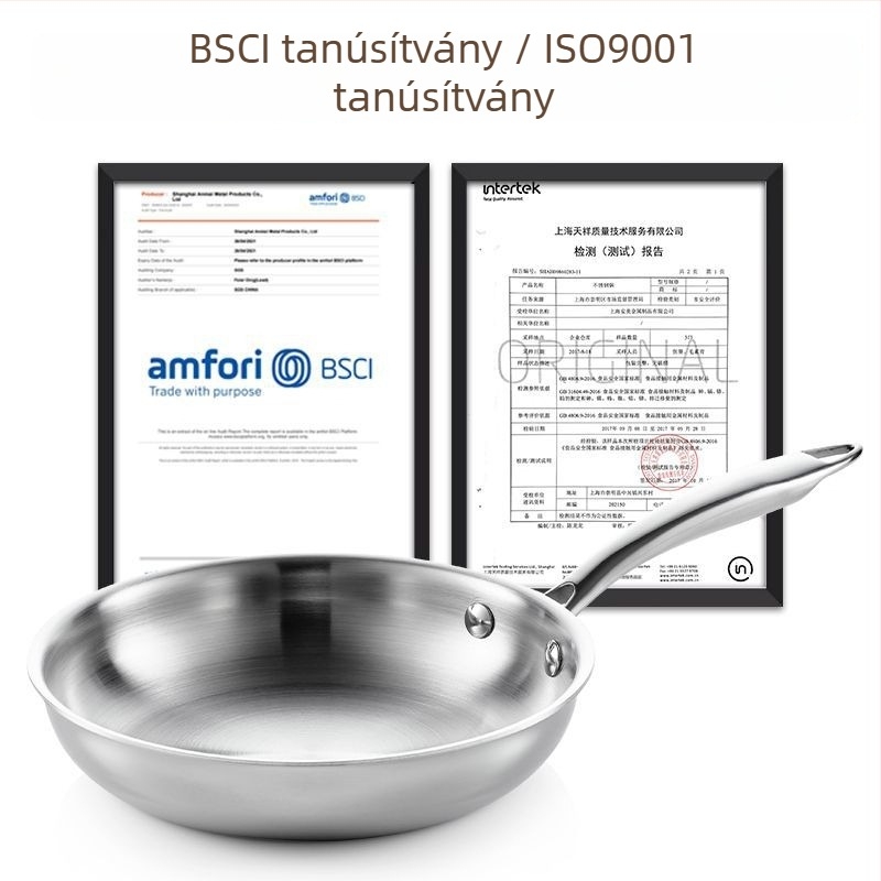 304 rozsdamentes acélból készült 24 cm-es serpenyő és wok, sík aljzattal, gáztűzhelyhez és indukcióhoz, bevonat nélkül, üvegfedővel