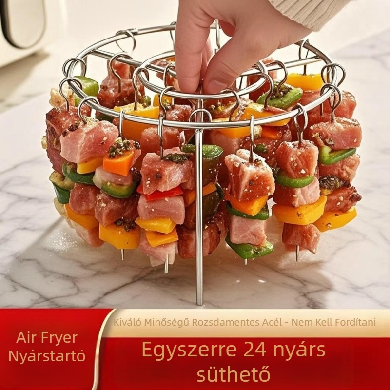 Kerek, függőleges grillsütő rács rozsdamentes acélból, akasztós nyársakkal, kompatibilis forrólevegős sütőhöz, 24 nyárssal