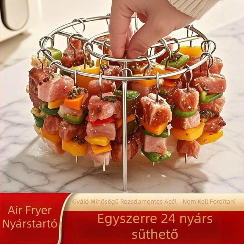 Kerek, függőleges grillsütő rács rozsdamentes acélból, akasztós nyársakkal, kompatibilis forrólevegős sütőhöz, 24 nyárssal