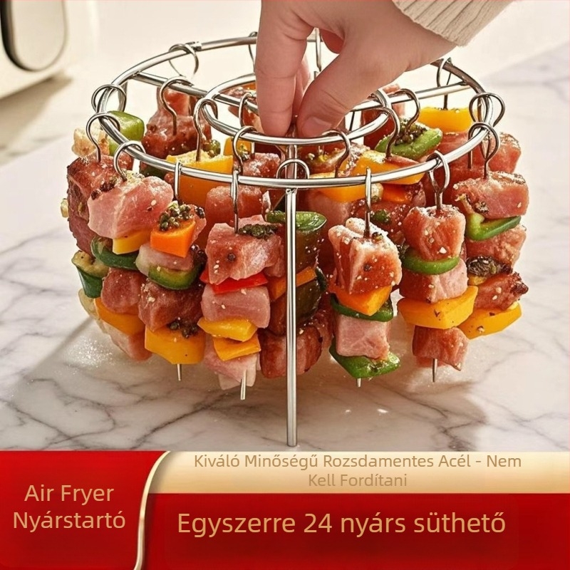 Kerek, függőleges grillsütő rács rozsdamentes acélból, akasztós nyársakkal, kompatibilis forrólevegős sütőhöz, 24 nyárssal