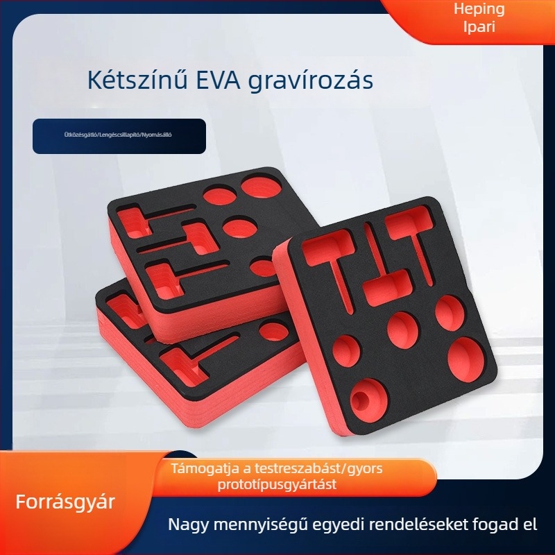 Egyedi EVA belső bélés — kétszínű szivacslap, flockolt anyag, antisztatikus EVA hab, különleges alakú gravírozás, ütésálló és nyomásálló hab