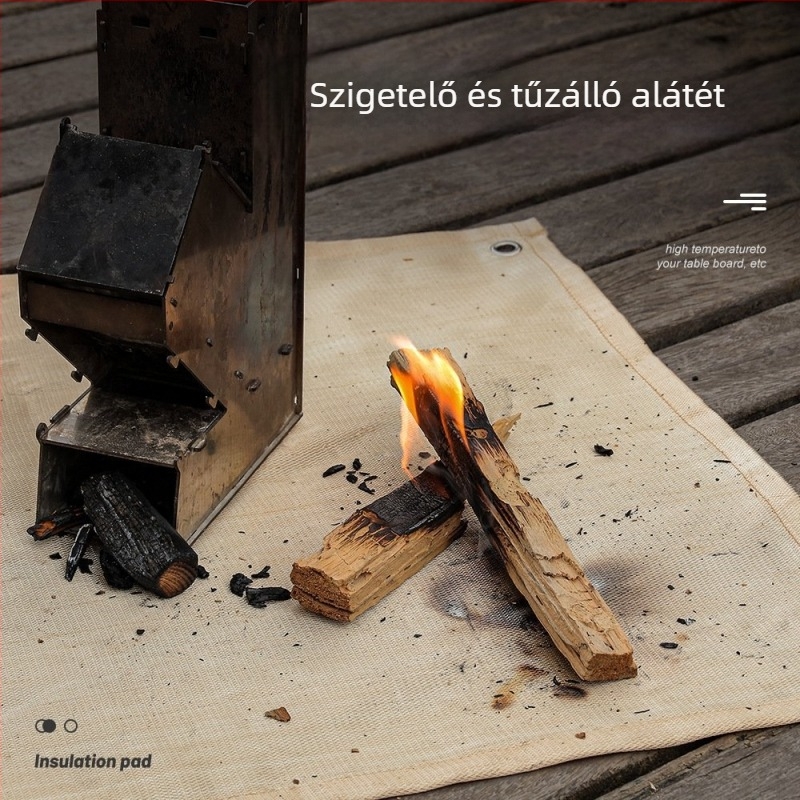 Szabadban használható tűzálló vászon kempingezéshez, grillhez szigetelő alátéttel — üvegszálas tűzálló anyag, magas hőmérséklet-ellenállás