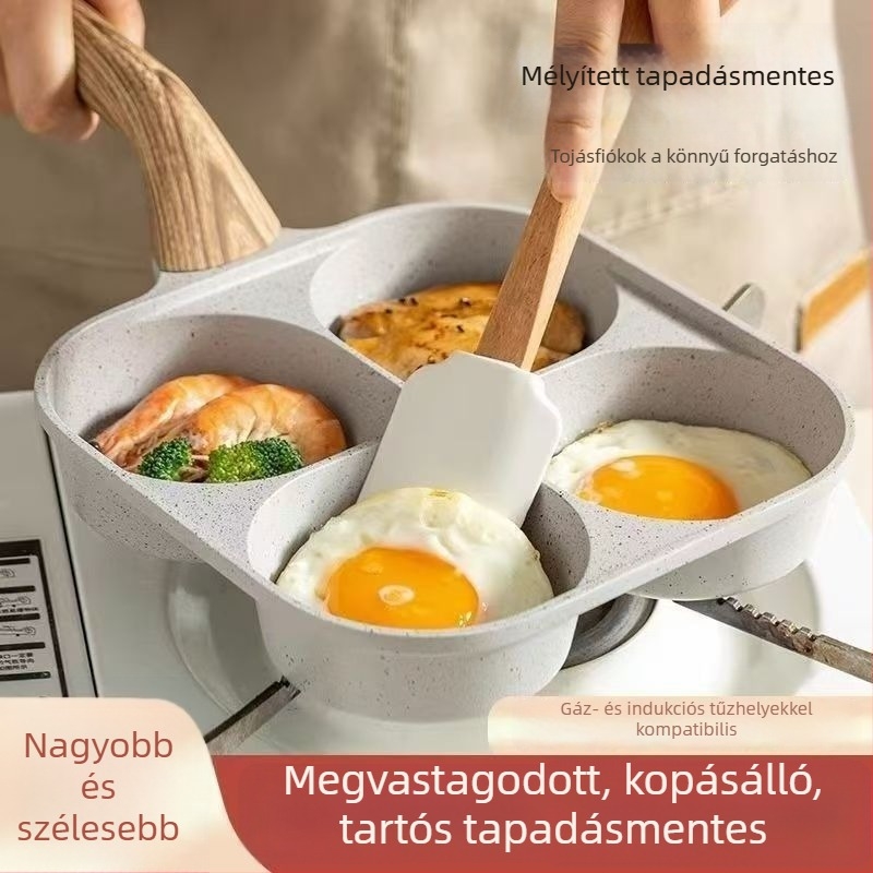 Tapadásmentes négylukú tojásserpenyő otthoni használatra, tojás, hamburger és palacsinta készítéséhez