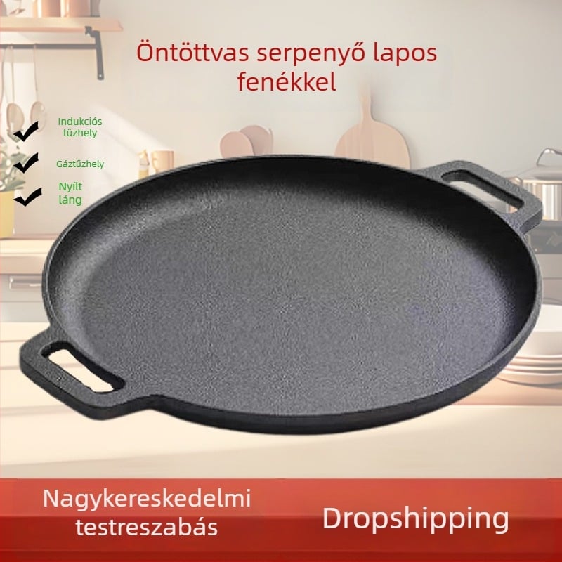 Palacsintás serpenyő vasból, tapadásmentes bevonattal, lapos grillfelülettel, vastag aljzattal, dupla fogantyú