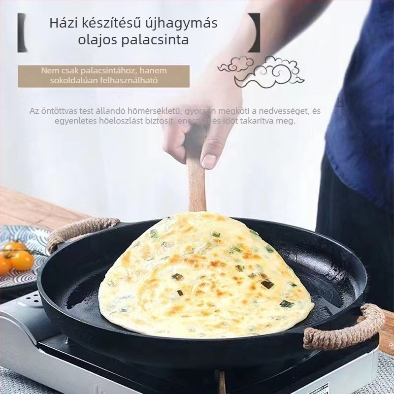 Palacsintás serpenyő vasból, tapadásmentes bevonattal, lapos grillfelülettel, vastag aljzattal, dupla fogantyú
