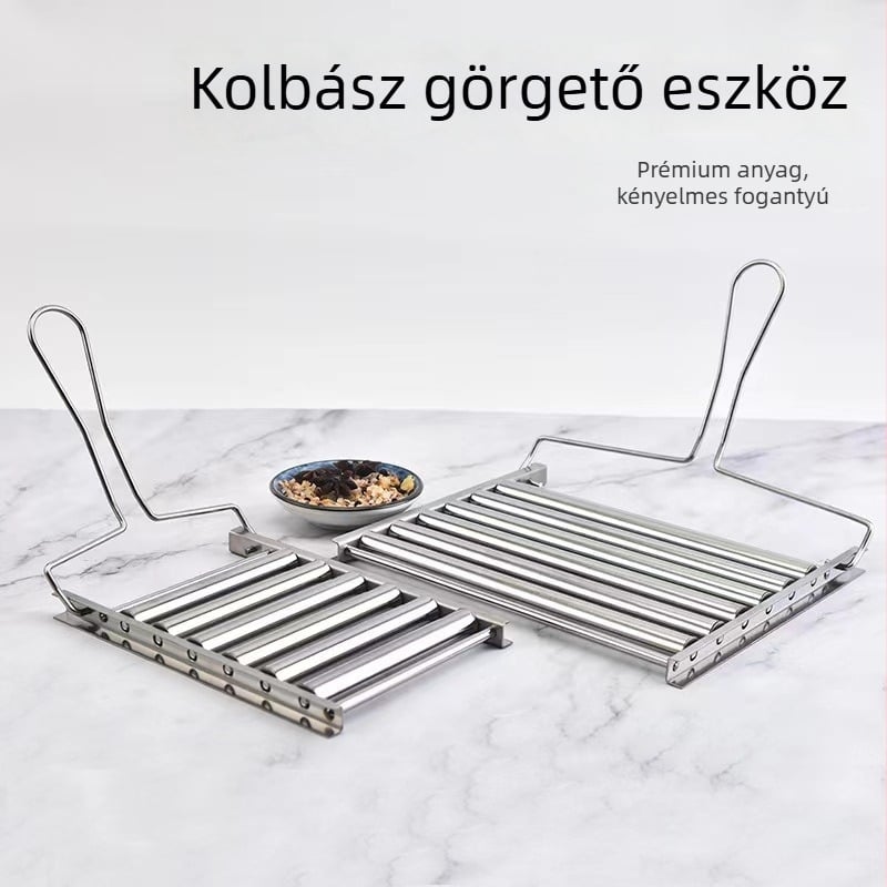 Kézi kolbászgrill rozsdamentes acélból, hordozható kültéri, többfunkciós hot dog grill eszköz