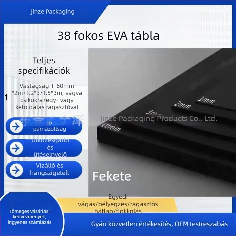 EVA hablemez/tekercs, fekete, magas sűrűség, nagy rugalmasság, antistatikus, tűzálló, 1–60 mm vastagság, 25–70 kg/m³ sűrűség, szín testreszabható