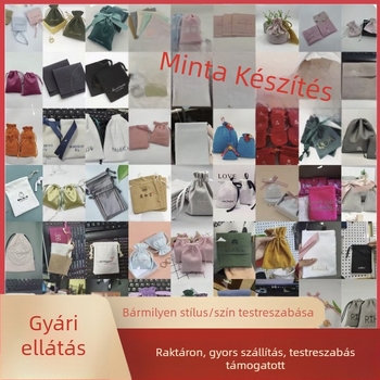 Minta készítéséhez való bársony, pamut, vászon és mikroszálas bőrrel készített húzózsinóros táskák ékszerekhez — logónyomtatás elérhető