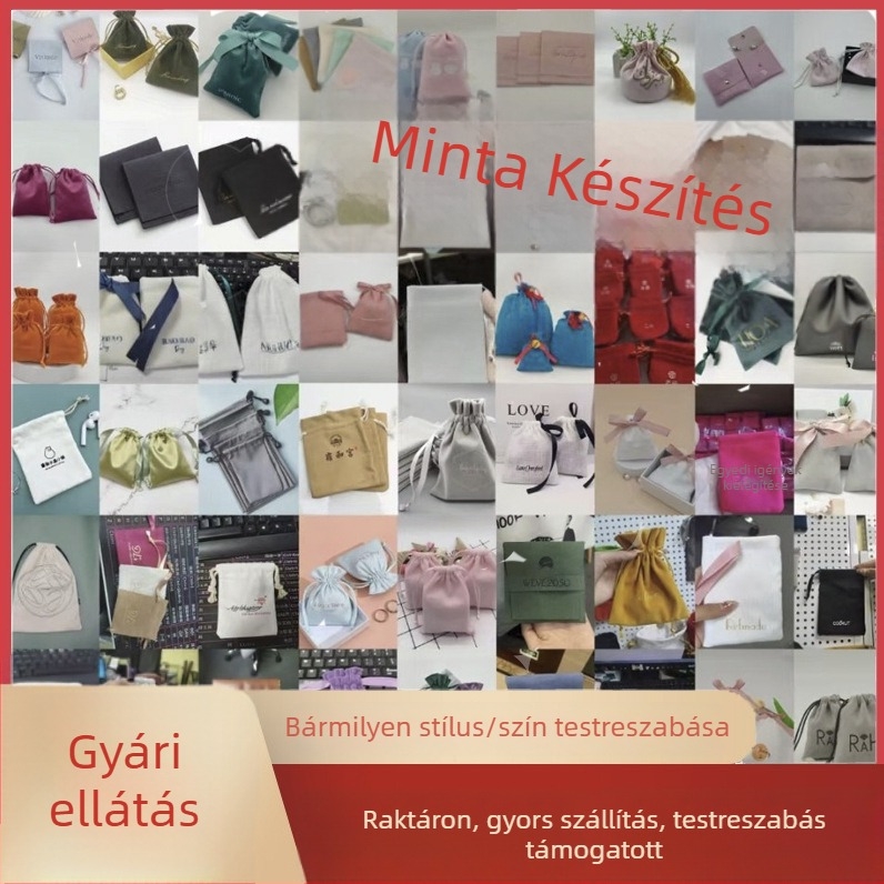 Minta készítéséhez való bársony, pamut, vászon és mikroszálas bőrrel készített húzózsinóros táskák ékszerekhez — logónyomtatás elérhető