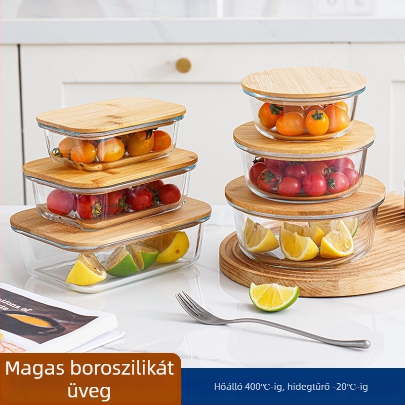 Mikrohullámú sütőben használható, átlátszó üveg ebédes doboz bambusz fedéllel és zárt üveg tárolóedény