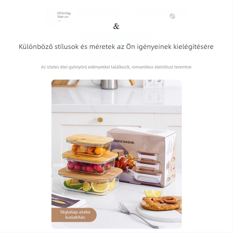 Mikrohullámú sütőben használható, átlátszó üveg ebédes doboz bambusz fedéllel és zárt üveg tárolóedény