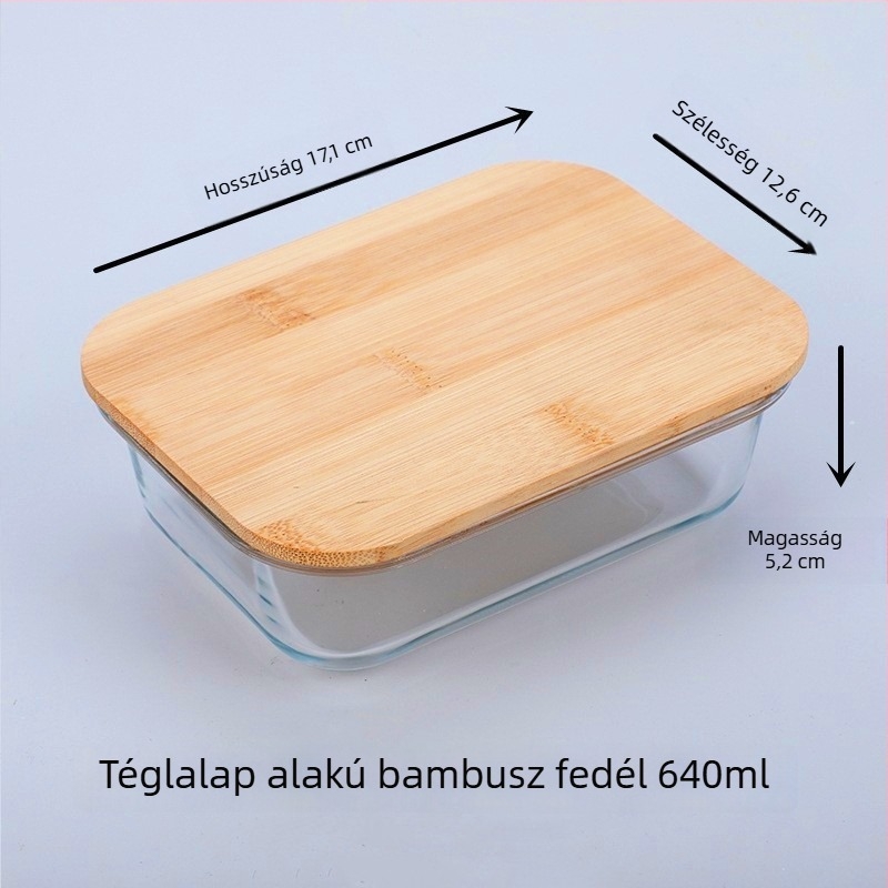 Mikrohullámú sütőben használható, átlátszó üveg ebédes doboz bambusz fedéllel és zárt üveg tárolóedény