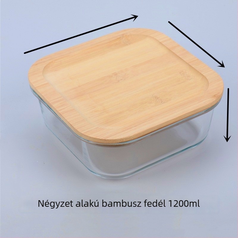 Mikrohullámú sütőben használható, átlátszó üveg ebédes doboz bambusz fedéllel és zárt üveg tárolóedény