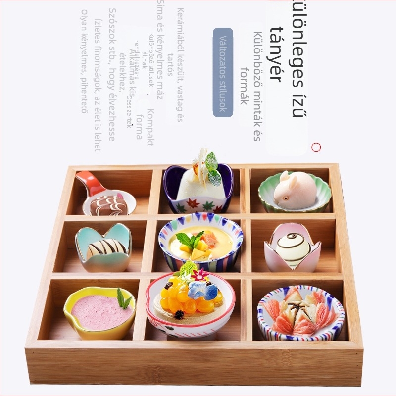 Japán stílusú porcelán mini tál négy rekeszben bambusz dobozban – desszerttál