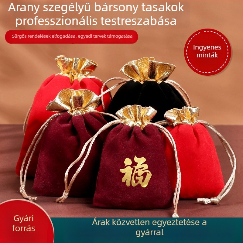 Velúrtáska ékszerekhez húzós zsinórral, arany szegéllyel
