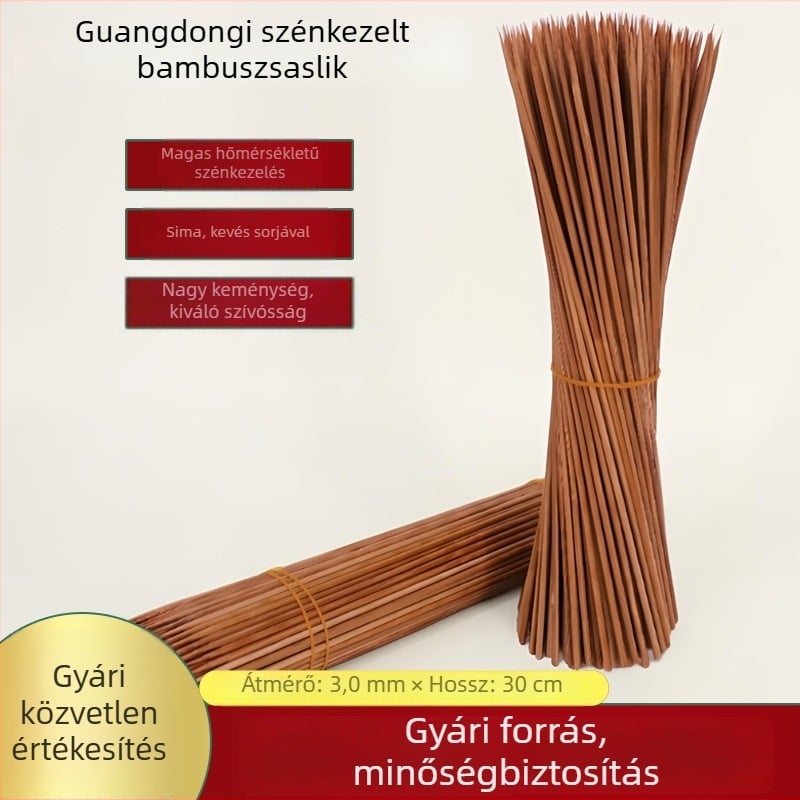 Szénizált bambusznyársak, rendkívül kemények, 3,0 mm átmérő, 30 cm hosszú, egyszer használatos grillhez
