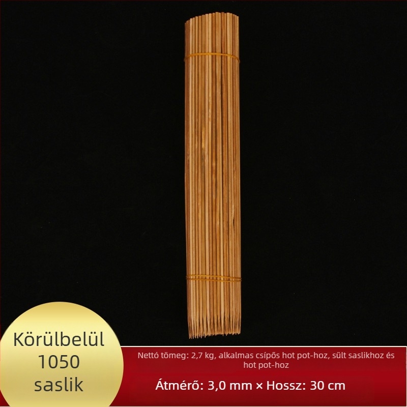 Szénizált bambusznyársak, rendkívül kemények, 3,0 mm átmérő, 30 cm hosszú, egyszer használatos grillhez