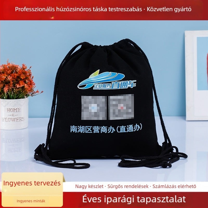 Húzózsinóros vászontáska logóval, hordozható bevásárlótáska