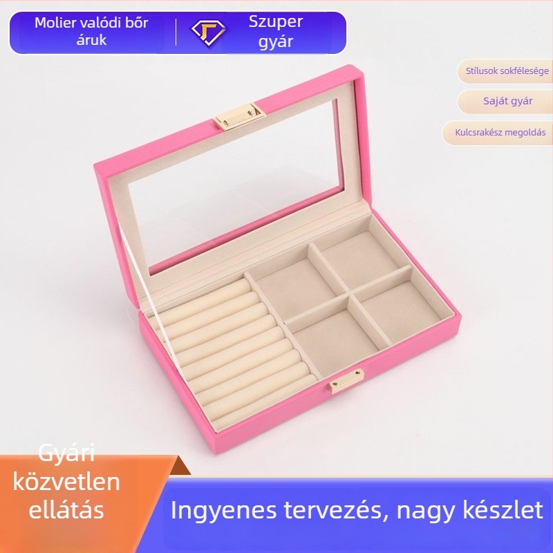 Rózsaszín PU bőr ékszerdoboz hordozható fedéllel, nyakláncok, fülbevalók és gyűrűk tárolásához