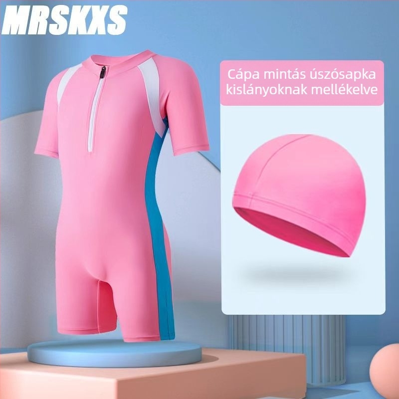 Gyerekeknek készült egyrészes fürdőruha cipzárral és rövid ujjúval, szilikon úszósapka és úszószemüveg – strandkészlet