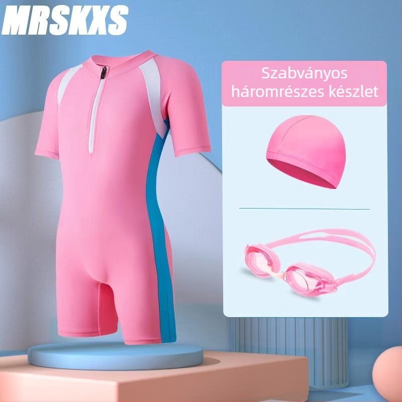 Gyerekeknek készült egyrészes fürdőruha cipzárral és rövid ujjúval, szilikon úszósapka és úszószemüveg – strandkészlet