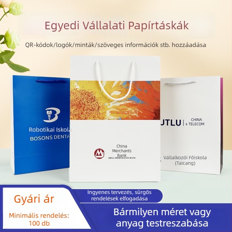 Egyedi vállalati papírtáskák logónyomtatással, ajándéktáskák, reklámcélú bevásárlótáskák és kiállítási csomagolótasakok