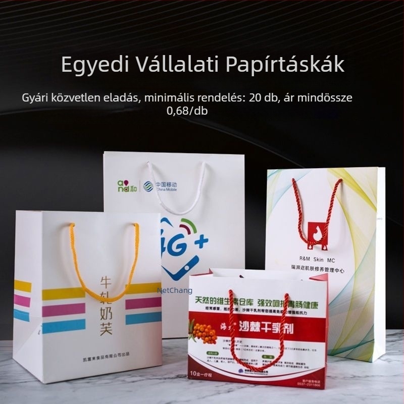 Egyedi vállalati papírtáskák logónyomtatással, ajándéktáskák, reklámcélú bevásárlótáskák és kiállítási csomagolótasakok