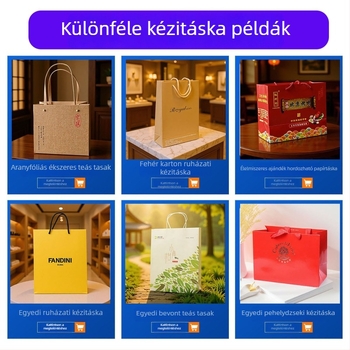 Személyre szabott fehér kartonzacskók ruházathoz és ajándékokhoz, kis tételű megrendelések, aranyozott nyomtatású kézitáskák, színes nyomtatású papírzacskók