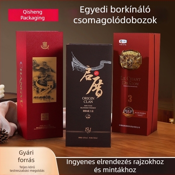 Egyedi csomagoló doboz vörösborhoz — univerzális ajándékdoboz borhoz és szeszes italokhoz — hordozható egy üveg számára aranyozott nyomással — dupla betéttel ellátott karton doboz