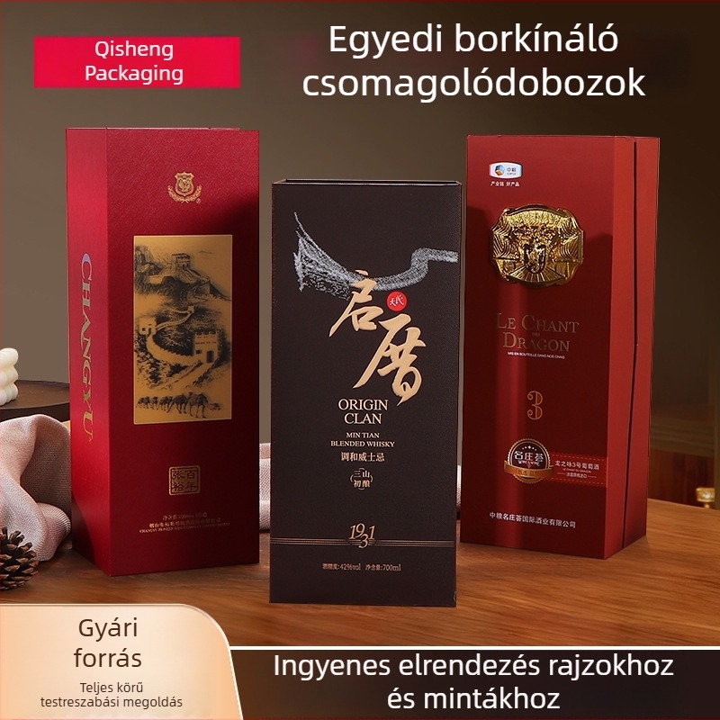 Egyedi csomagoló doboz vörösborhoz — univerzális ajándékdoboz borhoz és szeszes italokhoz — hordozható egy üveg számára aranyozott nyomással — dupla betéttel ellátott karton doboz