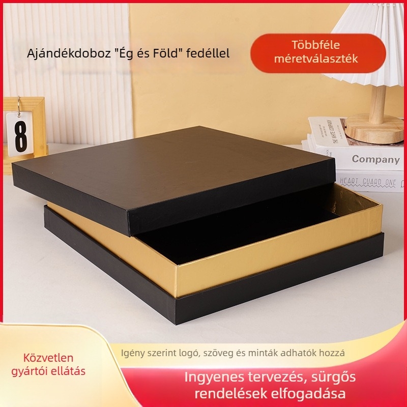 Általános fekete, négyszögletes kétfedeles doboz ékszerekhez, teához és ajándékokhoz, testre szabható csomagolás