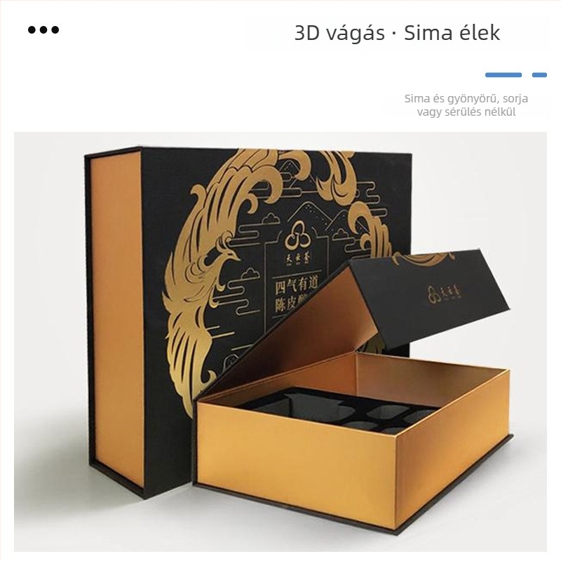 Személyre szabott, luxus ajándékdoboz PVC laminálással, nyitó matricával és több nyomtatási technikával: relief, UV bevonat, offset, szitanyomás, gravírozás, flocking és forró bélyegzés.