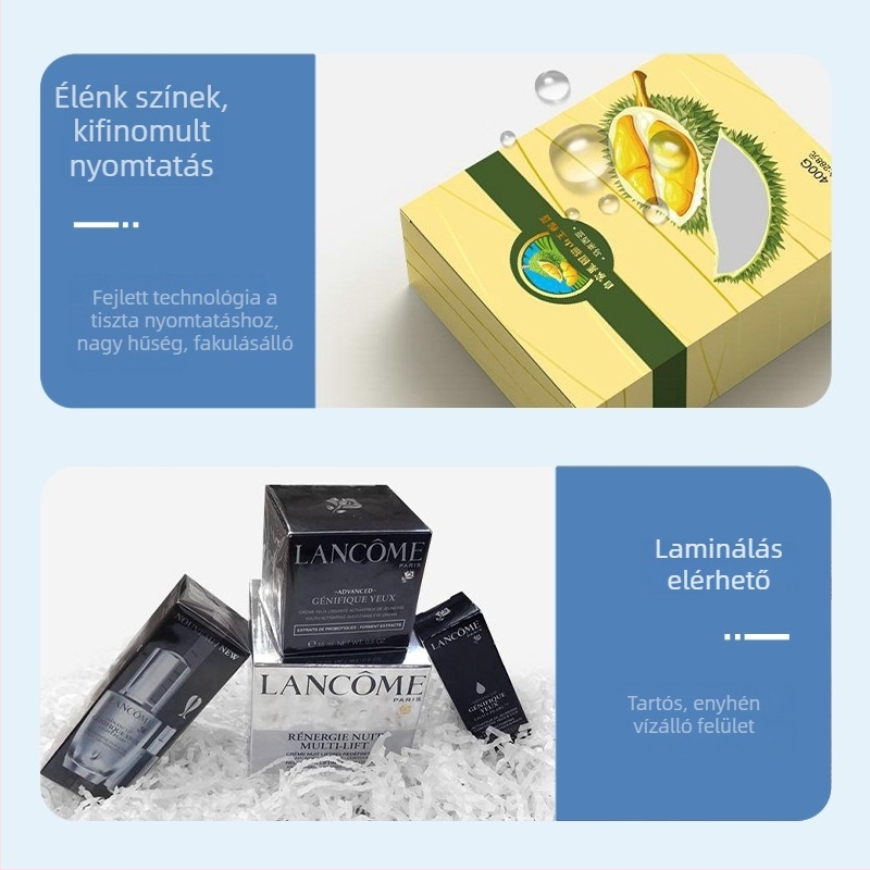 Személyre szabott, luxus ajándékdoboz PVC laminálással, nyitó matricával és több nyomtatási technikával: relief, UV bevonat, offset, szitanyomás, gravírozás, flocking és forró bélyegzés.