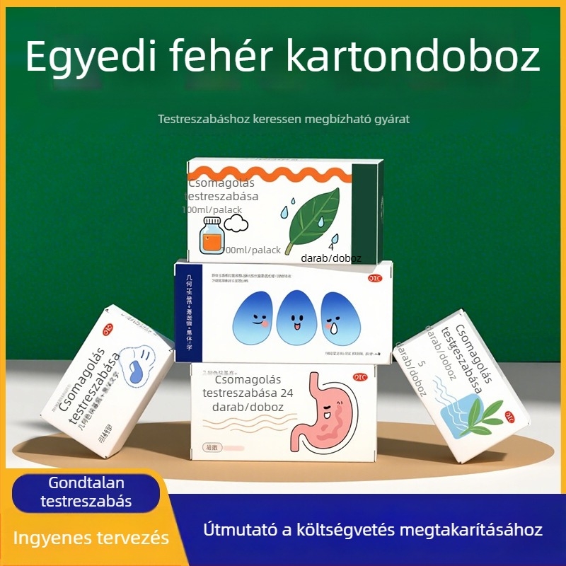 Egyedi színes dobozos csomagolás gyógyszeripari és egészségügyi termékekhez; fehér kartonból készült doboz kettős betéttel; ajándékdoboz; üres doboz.