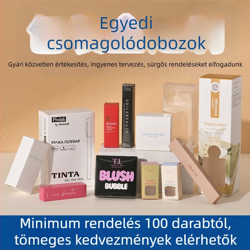 Személyre szabott kozmetikai csomagolódoboz fehér kartonból, nyomtatott logóval, kis tételben gyártva, két részes fedél