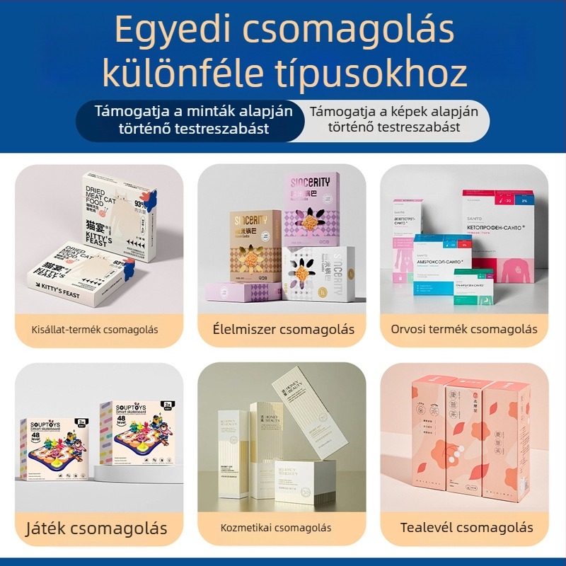 Személyre szabott kozmetikai csomagolódoboz fehér kartonból, nyomtatott logóval, kis tételben gyártva, két részes fedél