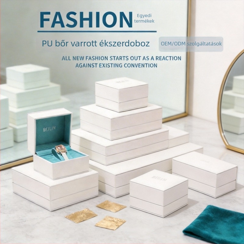 Fehér PU bőrrel varrt ékszerdoboz, elegáns megjelenéssel, testreszabható gyűrűknek, medáloknak, nyakláncoknak és óráknak