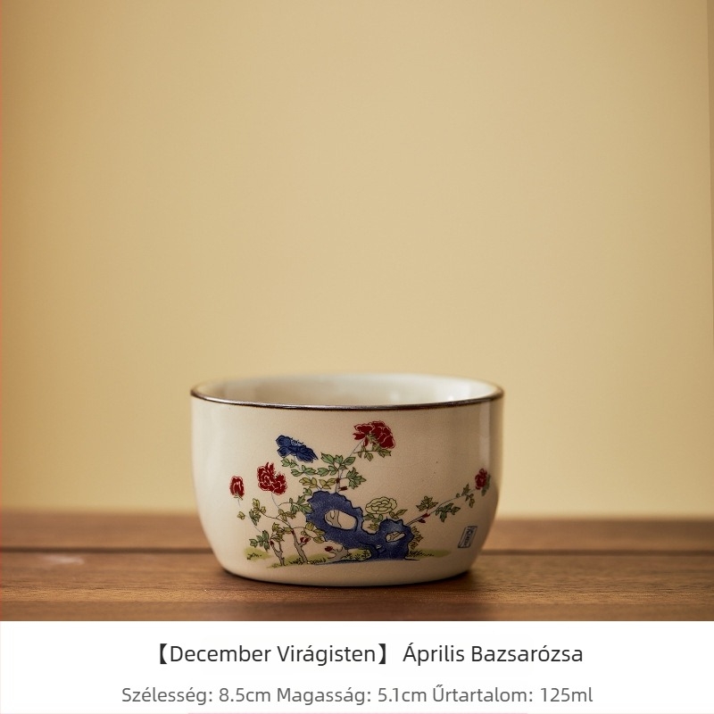 Ru kiln porcelán teáscsésze tizenkét virágistennő motívummal, kézzel festett, személyes használatra