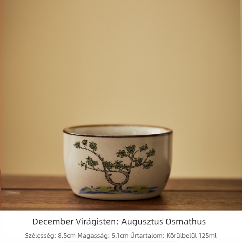 Ru kiln porcelán teáscsésze tizenkét virágistennő motívummal, kézzel festett, személyes használatra