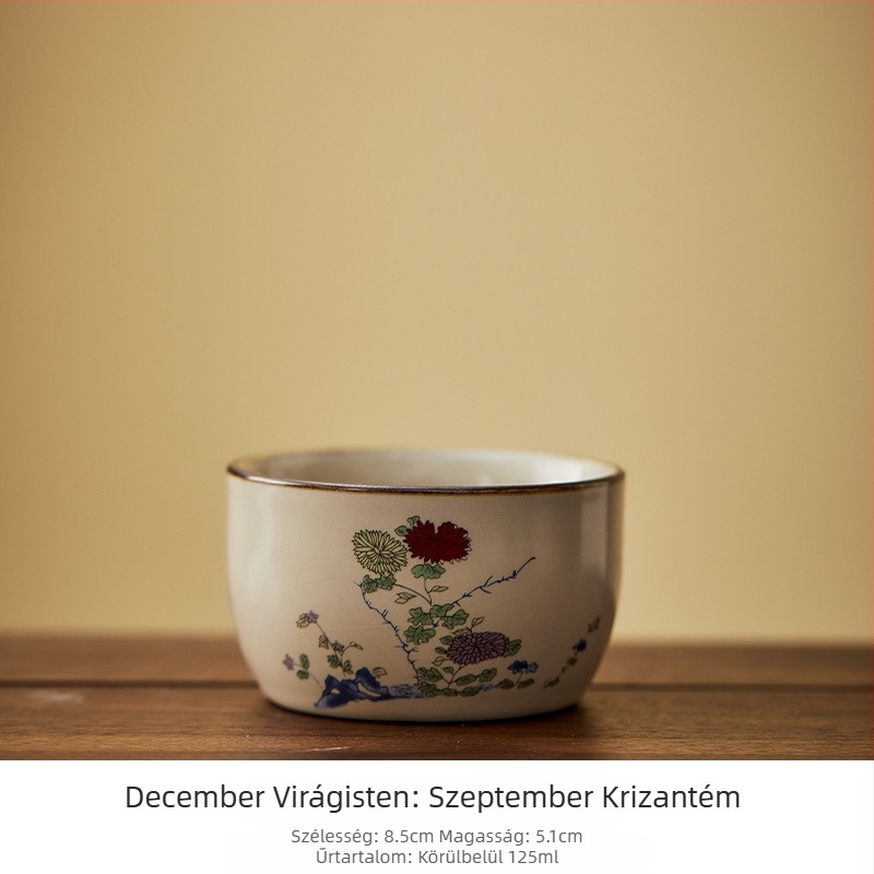 Ru kiln porcelán teáscsésze tizenkét virágistennő motívummal, kézzel festett, személyes használatra