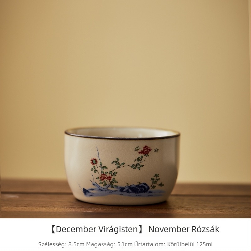 Ru kiln porcelán teáscsésze tizenkét virágistennő motívummal, kézzel festett, személyes használatra