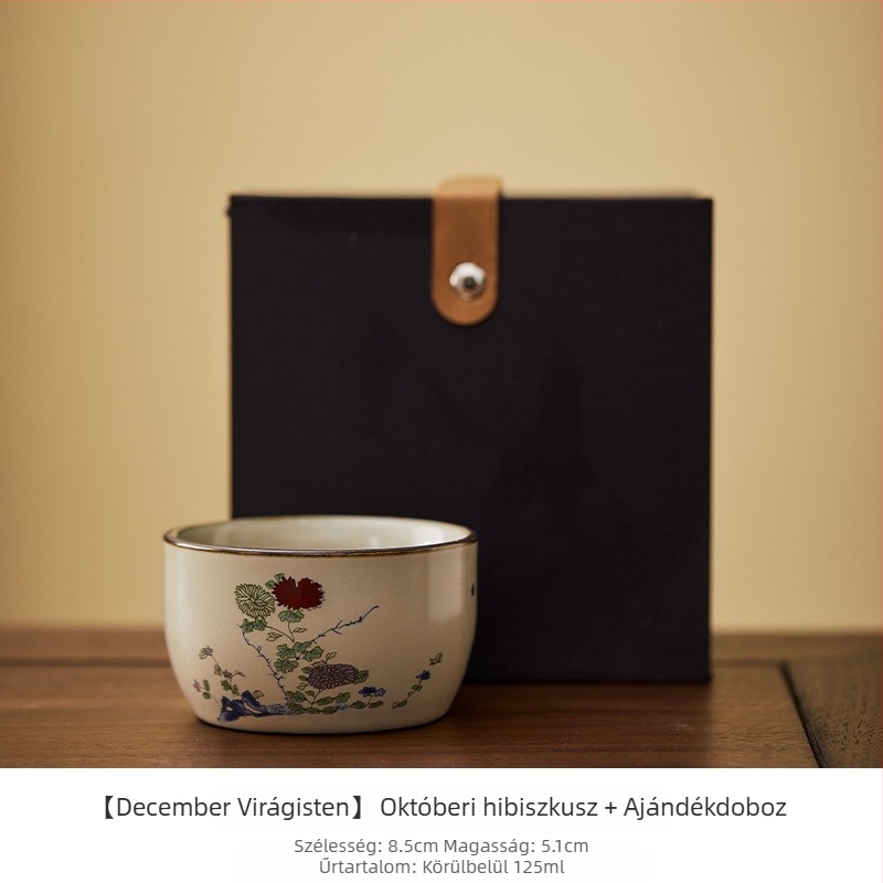 Ru kiln porcelán teáscsésze tizenkét virágistennő motívummal, kézzel festett, személyes használatra