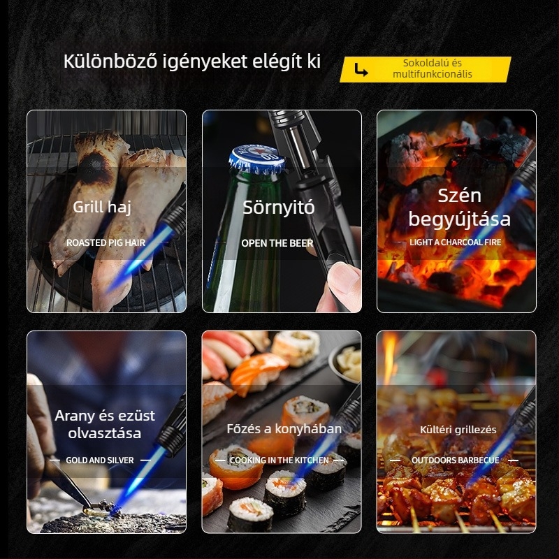 Szélálló jet lánggal működő gyújtó, üvegnyitóval, szivarhoz, moxibustióhoz, kültéri grillhez és konyhai használatra