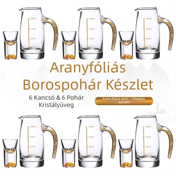 Kínai stílusú aranyfóliás kristály fehérboros pohárkészlet, kis kóstoló poharakkal