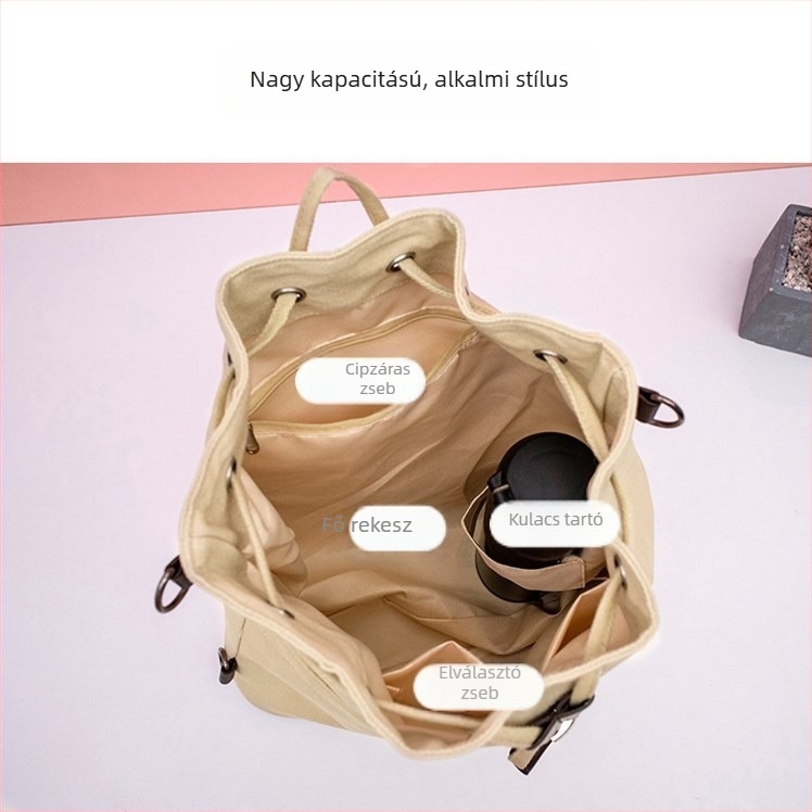 Vászon válltáska, uniszex, koreai- és japán ihletés, Harajuku Ulzzang stílus, nagy kapacitású, akár 20 literig, 14 hüvelykes laptophoz alkalmas, két vállpántos dizájn, poliészter bélés, bőr részletek