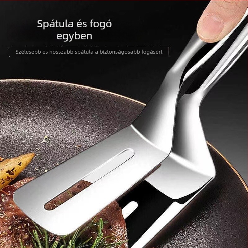 Hosszított 304 rozsdamentes acél serpenyőlapát, csipeszekkel, halas lapát, steak lapát és multifunkciós grillszerszám