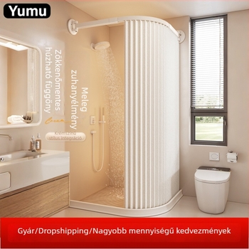 Ívelt sínű összecsukható zuhanyfüggöny, prémium fürdőszobai rúd – fúrás nélkül, vízálló zuhanyfalfüggöny